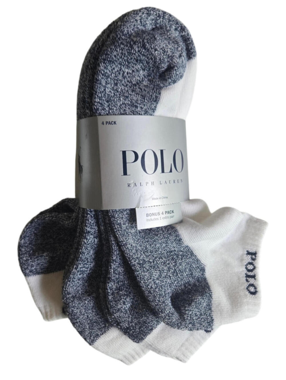 Polo Ralph Lauren Mens Low Cut Socks White and Blue w/ POLO Logo 4 pack NWT